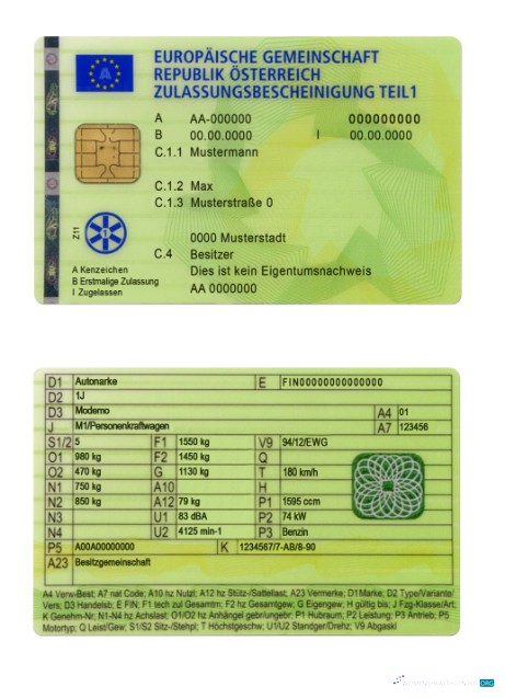 Download Austria vehicle registration certificate part 1 Photoshop template